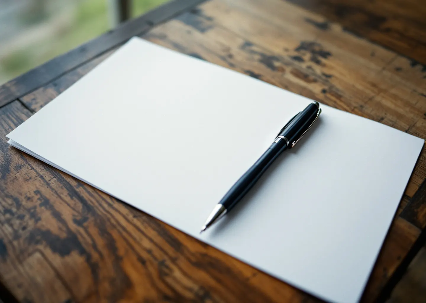 Feuille de papier ligné vierge sur une table, un stylo posé en diagonale