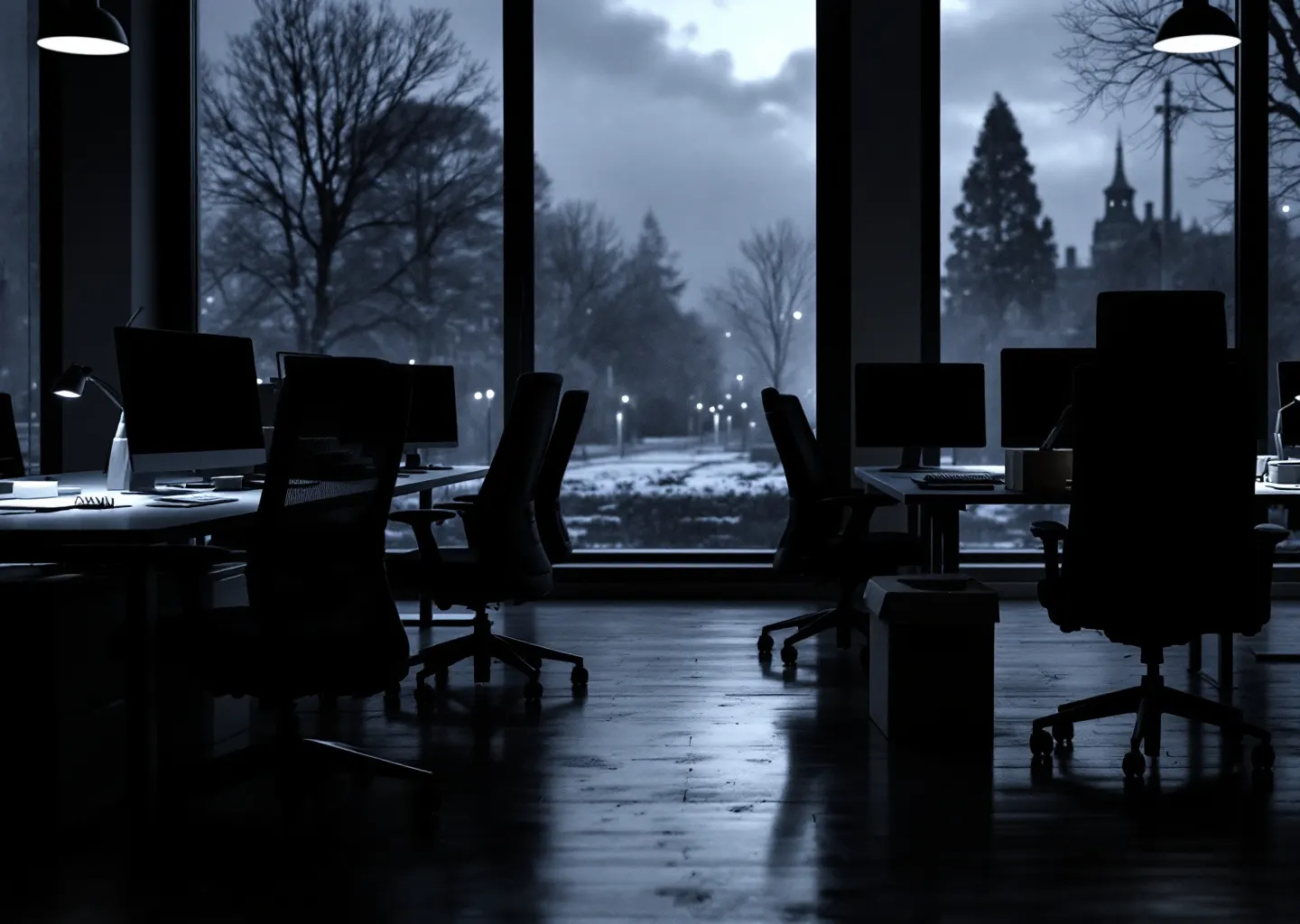 Bureaux en open space au crépuscule, trois postes de travail consécutifs vides