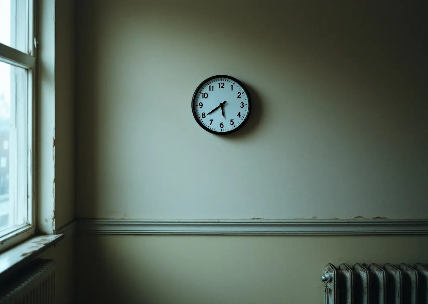 Horloge murale ronde sur un mur uni de couloir de bureau
