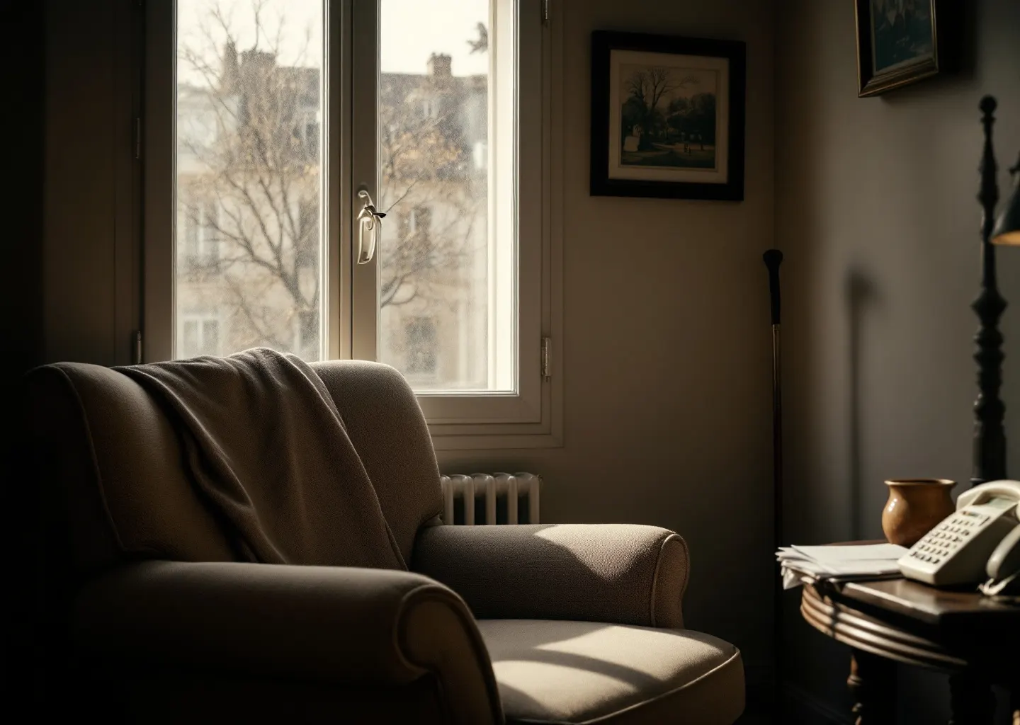 Intérieur d'appartement modeste, fauteuil près de la fenêtre et courrier non ouvert