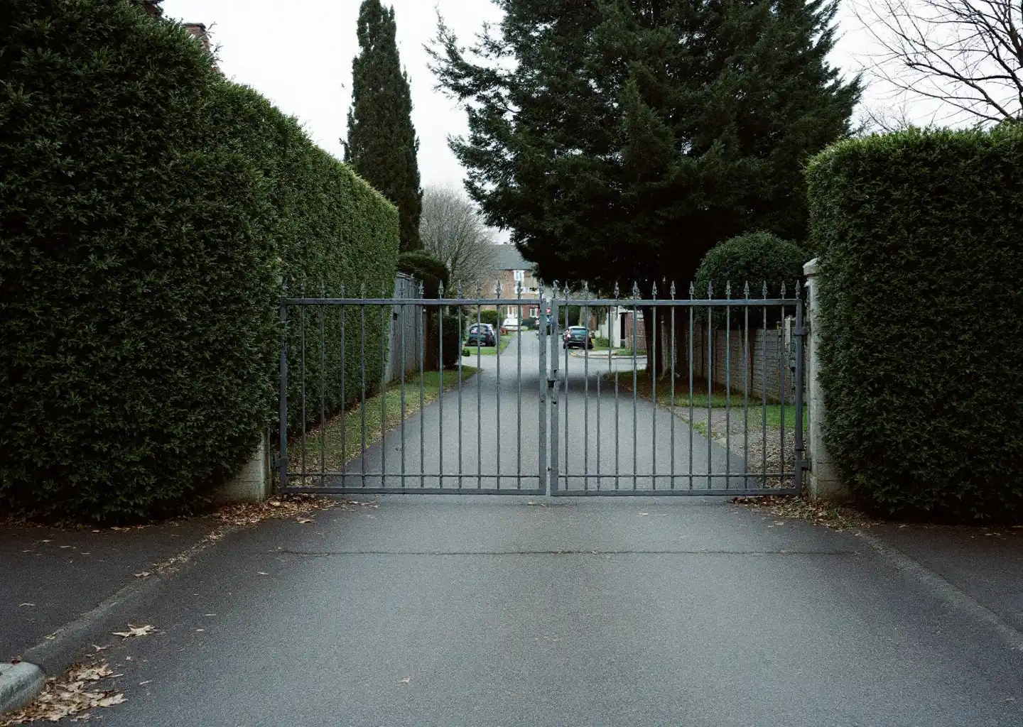 Portail métallique fermé devant une allée privée, bordée de haies