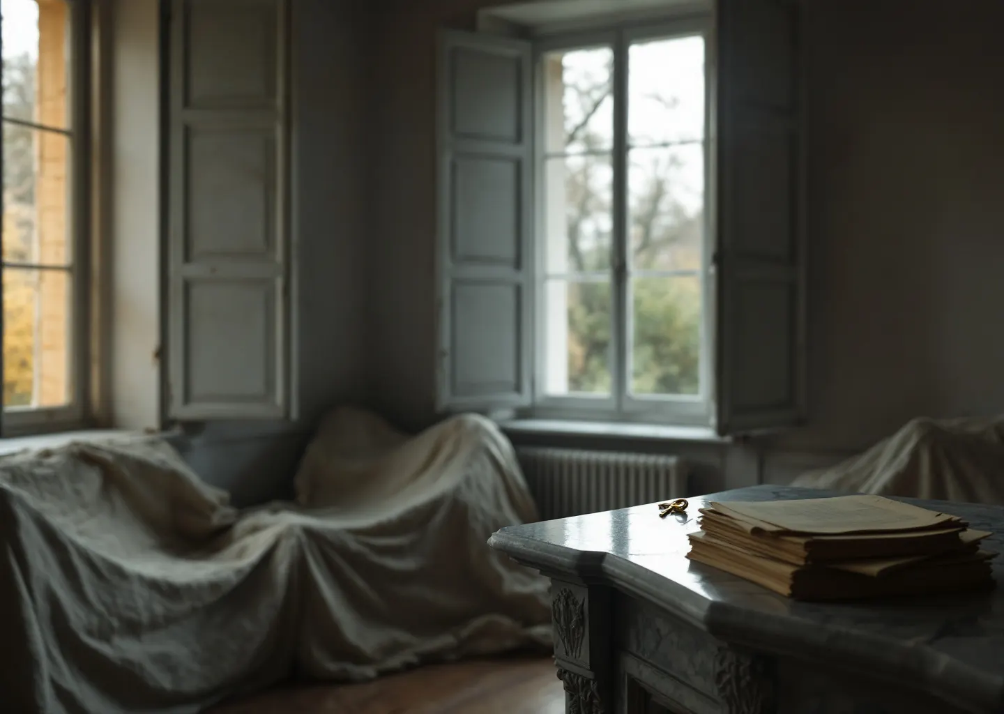 Intérieur d'une maison de famille inoccupée, volets fermés et meubles sous housses