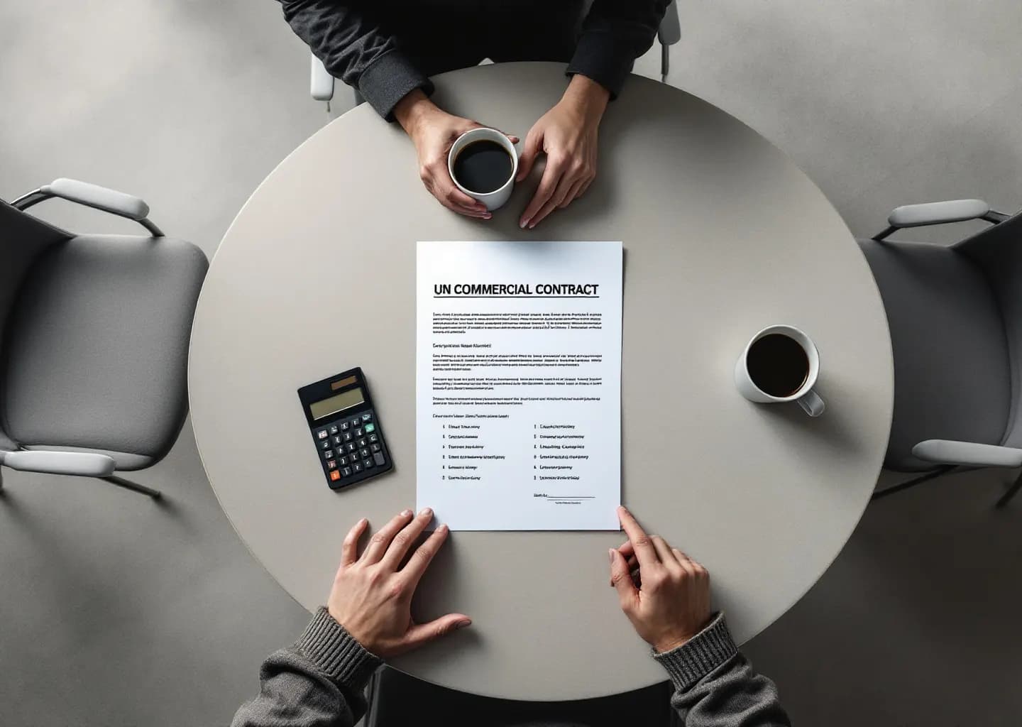 Table de réunion vue de dessus, contrat non signé, extrait de registre et calculatrice