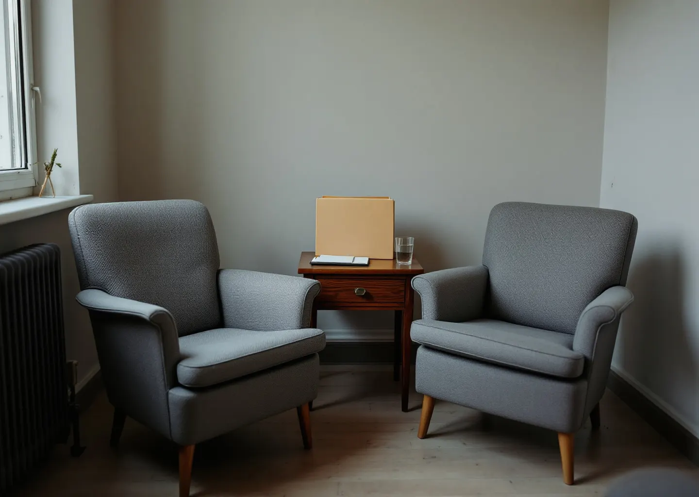 Deux fauteuils face à face et un dossier fermé, dans le bureau où se tiennent les premiers entretiens