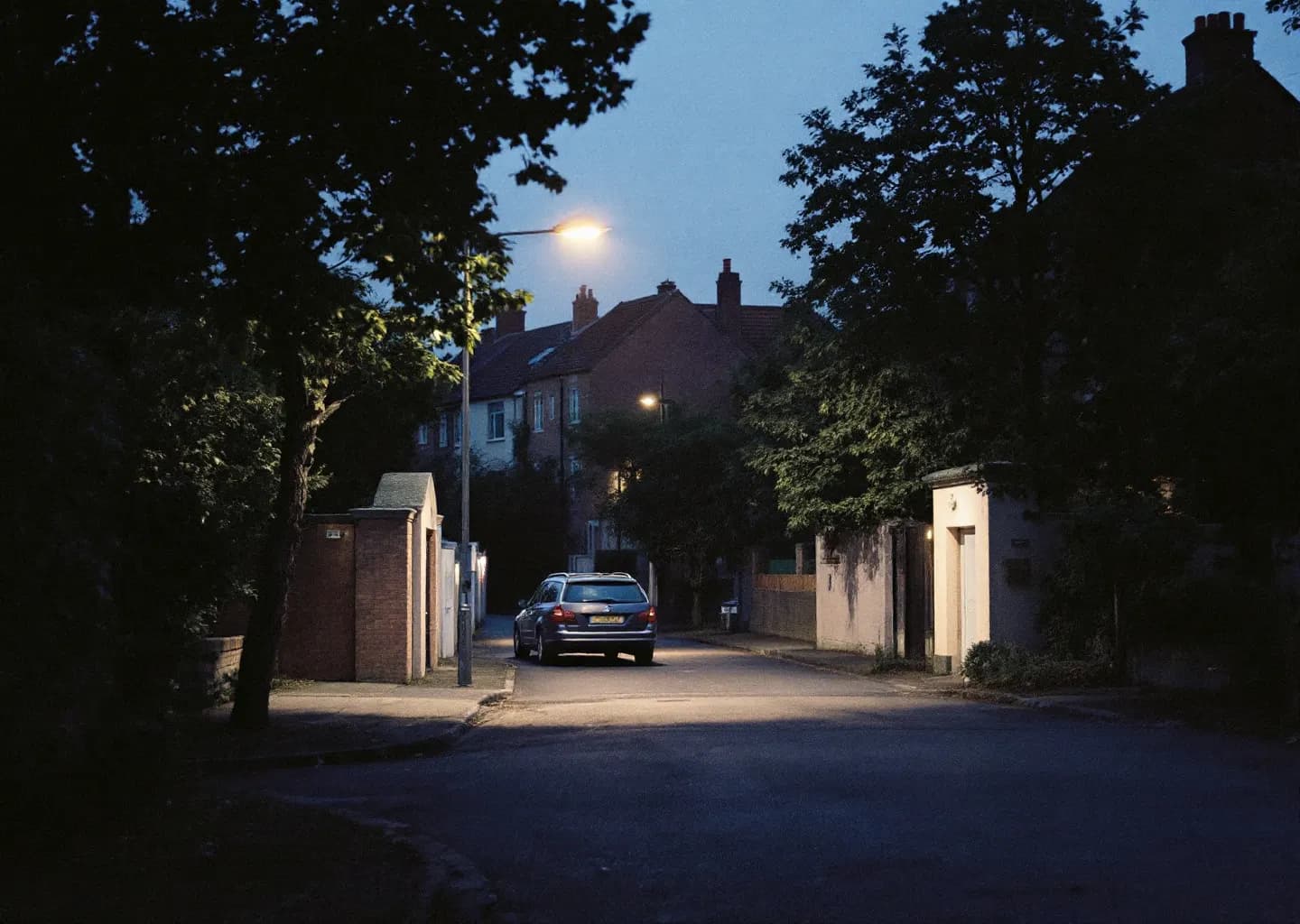 Avenue arborée de maisons closes au crépuscule, un break stationné sous un lampadaire