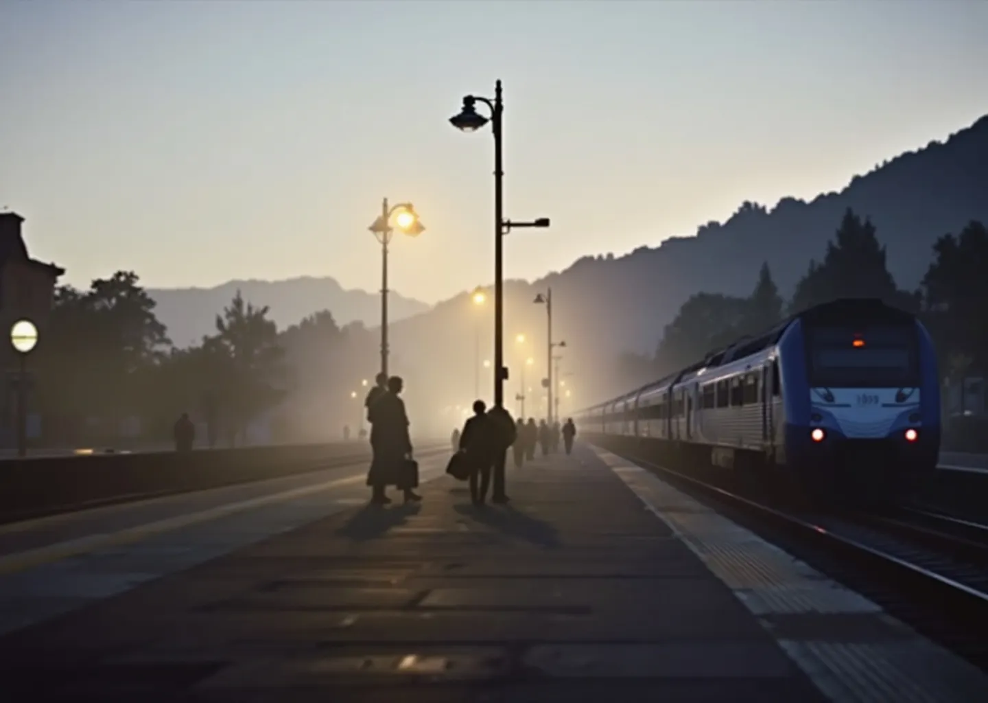 Quai de gare régionale à l'aube, train à l'arrêt et voyageurs de dos sous les lampadaires