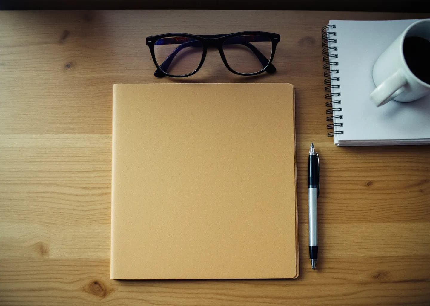 Dossier fermé, stylo et bloc-notes vierge posés sur un bureau