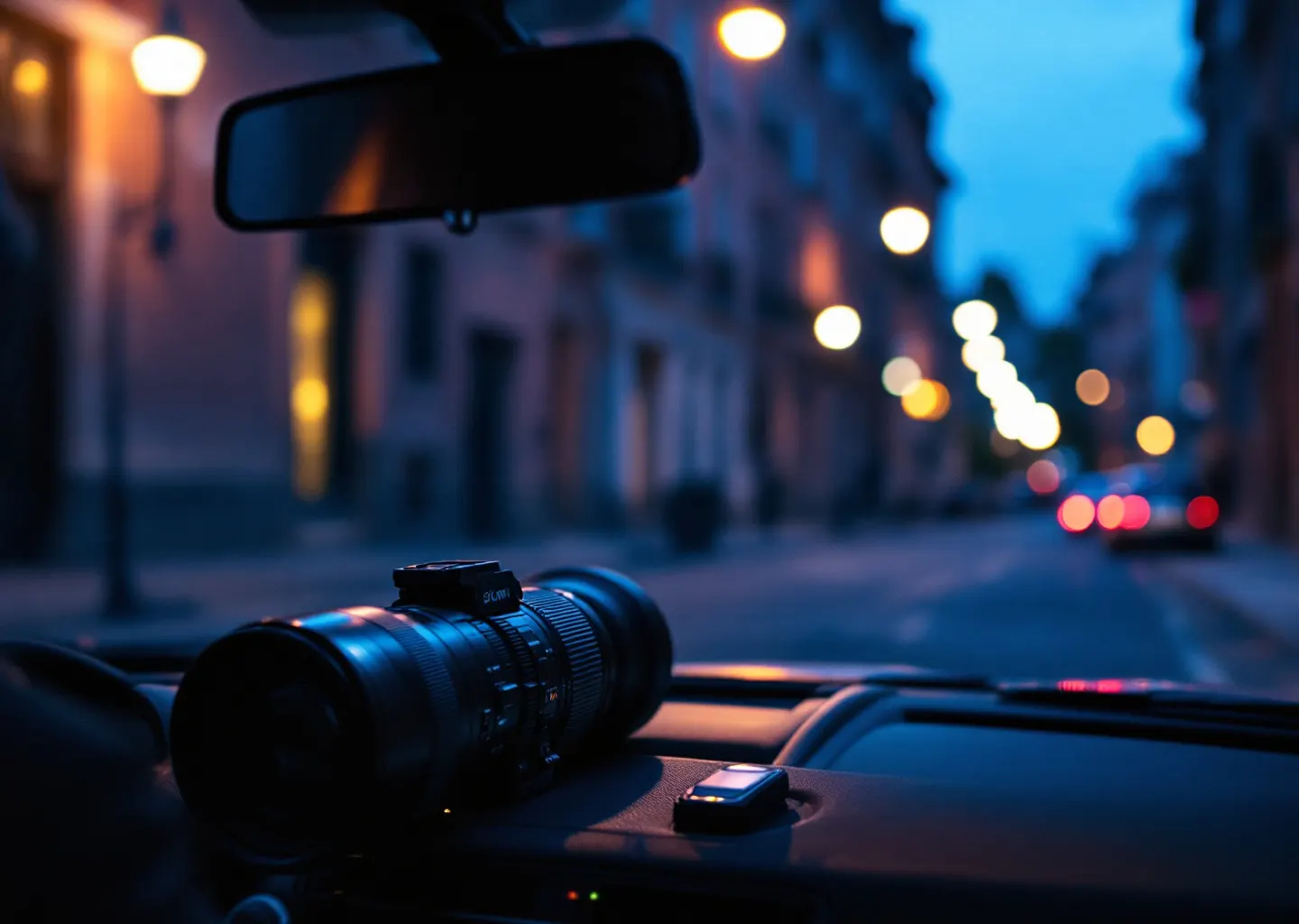 Rue toulousaine au crépuscule vue depuis un véhicule de surveillance, téléobjectif posé sur le tableau de bord