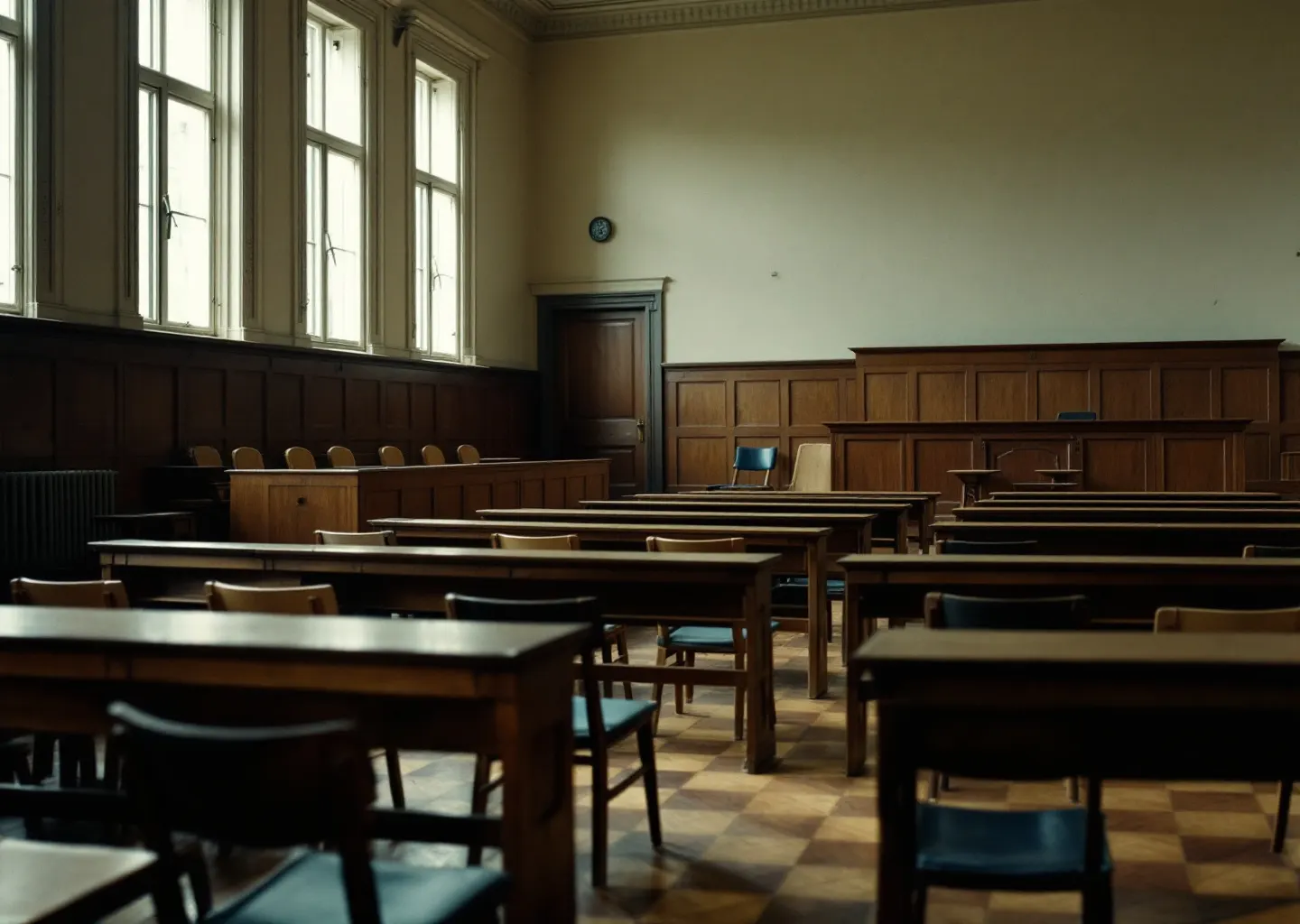 Salle d'audience vide, bancs de bois et lumière du jour par les hautes fenêtres