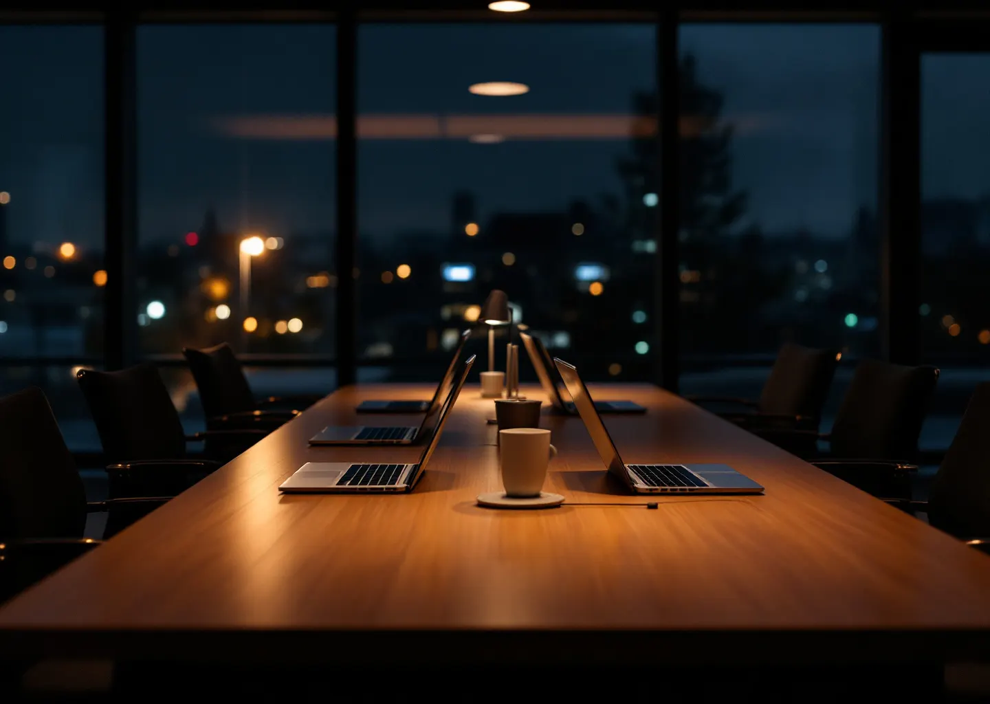 Salle de réunion d'entreprise vide la nuit, vue à travers une cloison vitrée