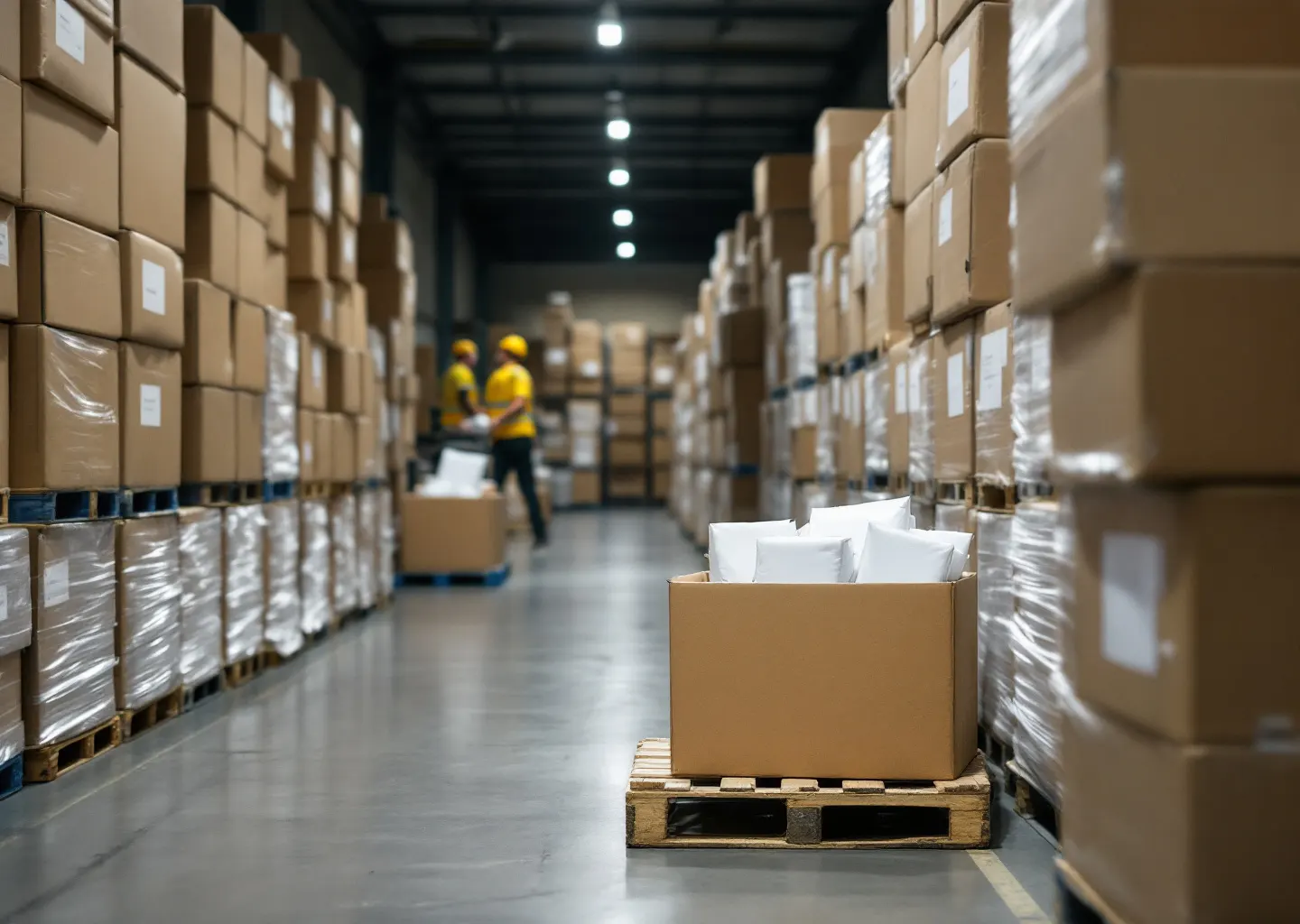 Allée d'entrepôt logistique, cartons neutres empilés sur palettes et l'un d'eux ouvert