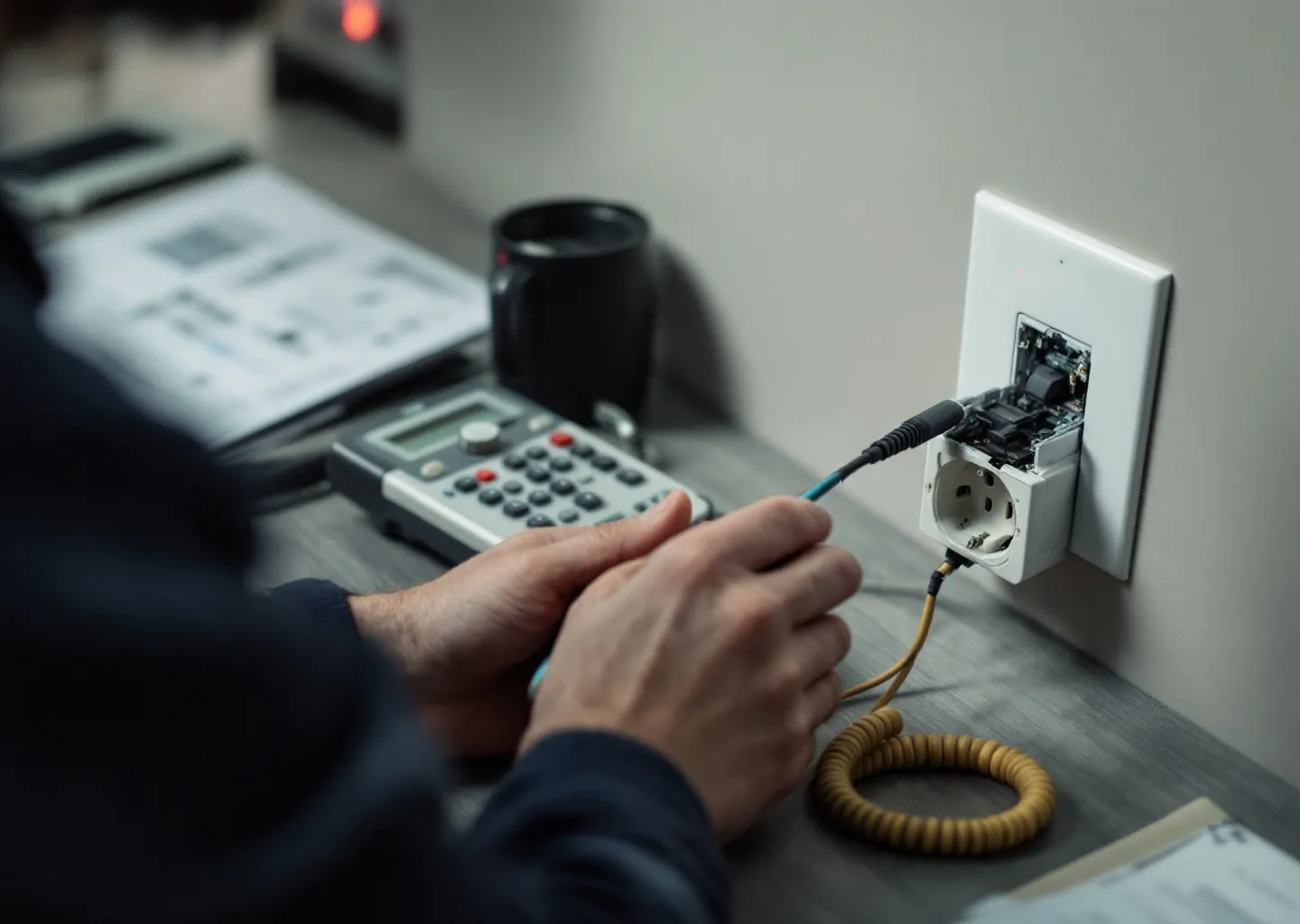 Appareil de détection de fréquences radio et sonde posés sur un bureau, près d'une prise murale démontée