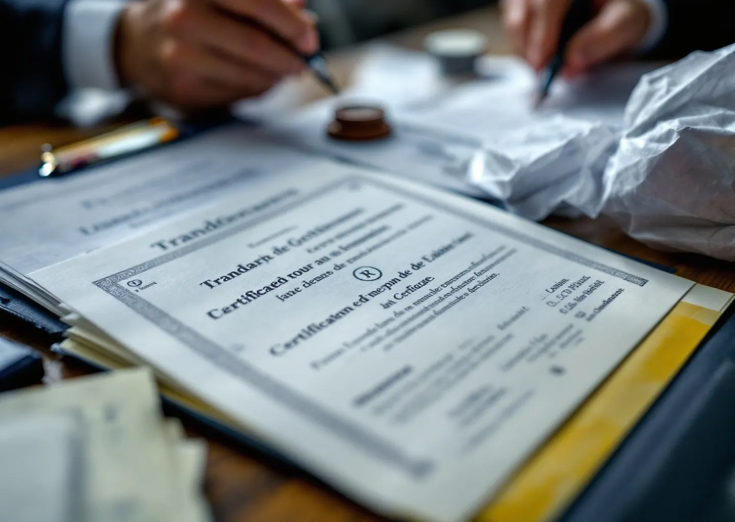 Dossier de dépôt de marque sur un bureau : certificats imprimés, tampon et échantillons emballés
