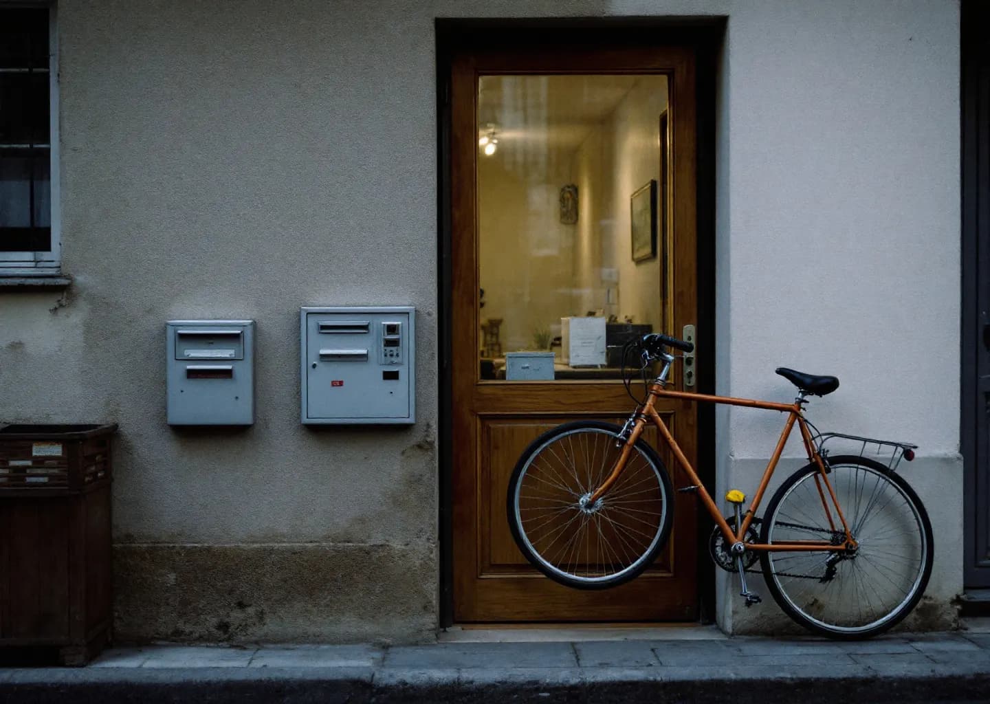 Entrée d'immeuble avec deux boîtes aux lettres et un interphone, vélo attaché près de la porte