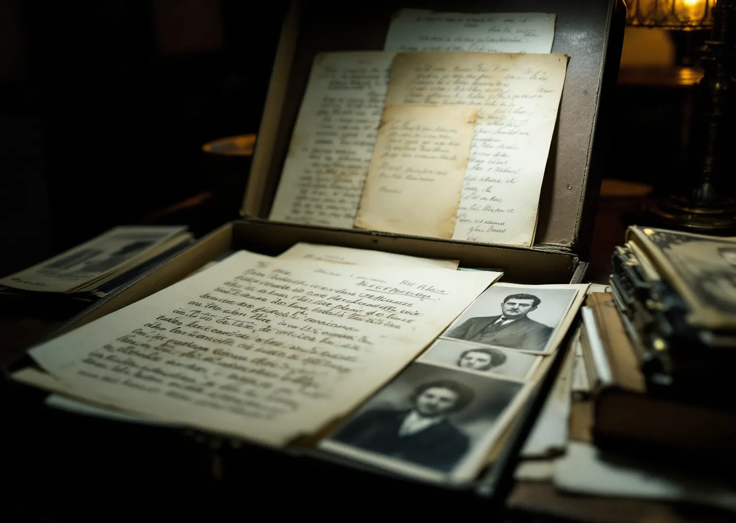 Boîte d'archives familiales ouverte : lettres jaunies, actes d'état civil et photographies retournées