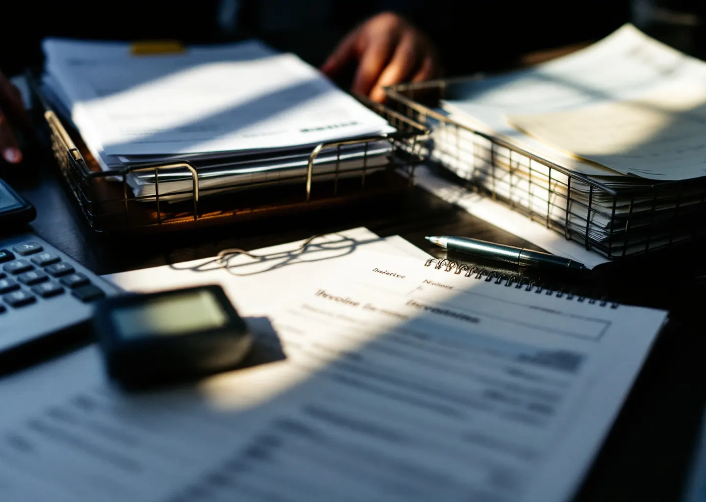 Bureau comptable : calculatrice, factures impayées empilées dans un parapheur et registre fermé