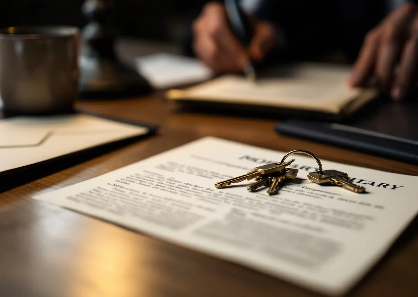 Table d'étude notariale : enveloppe scellée, acte de propriété ancien et trousseau de clés