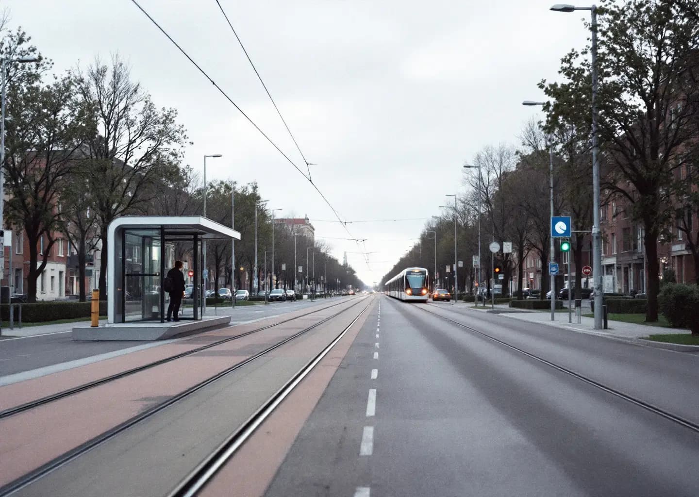 Station de tramway sur une avenue de banlieue, rails encastrés dans la chaussée et abri vitré