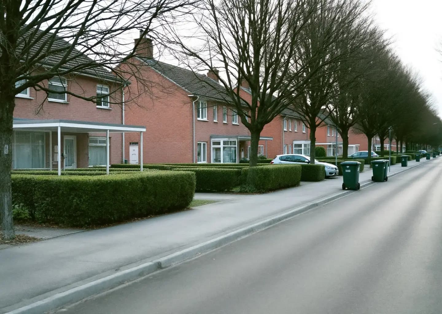 Large rue pavillonnaire de maisons de plain-pied en brique, carports et haies taillées
