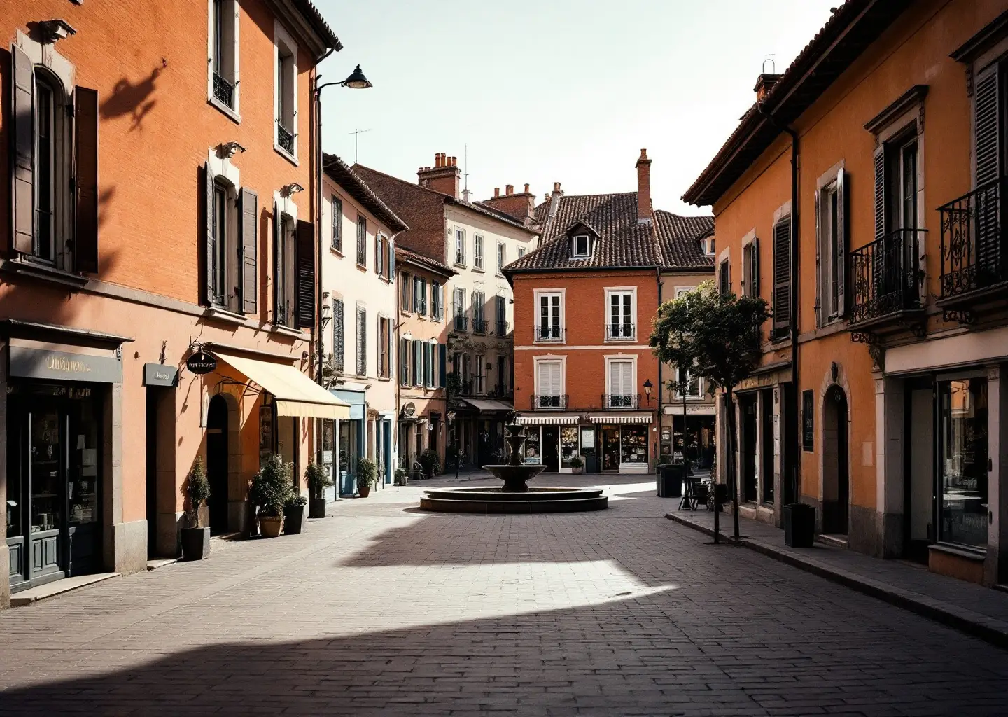 Rue étroite d'un centre ancien du Sud-Ouest, façades de brique à volets clos, place au fond
