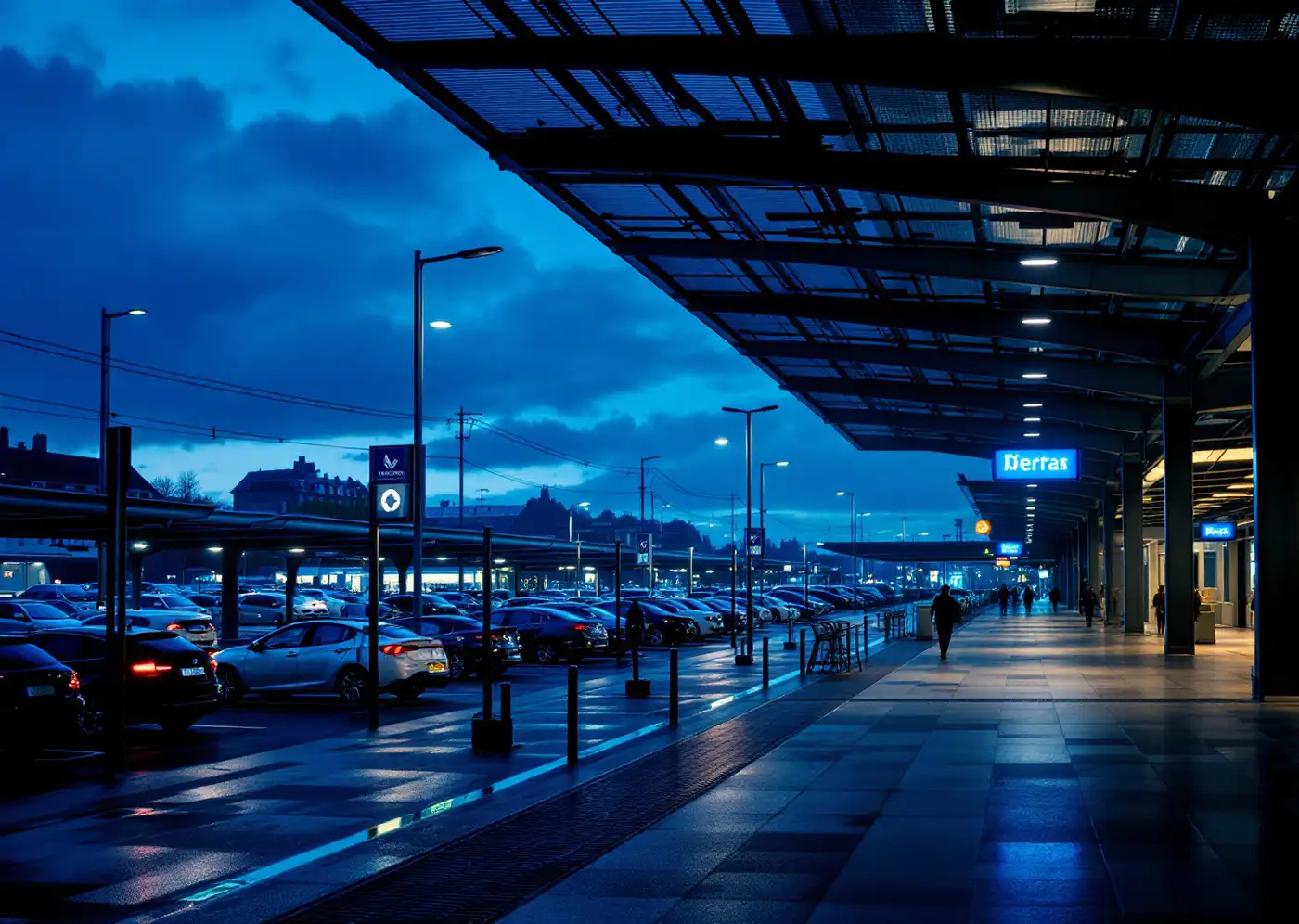 Parvis d'un terminus de transport en commun à l'heure bleue, auvent vitré éclairé