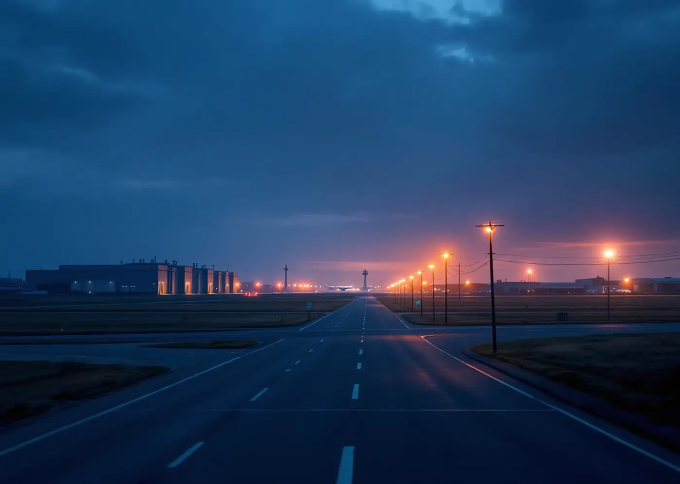 Boulevard désert au crépuscule bordant une zone de hangars aéronautiques, avion à l'approche au loin
