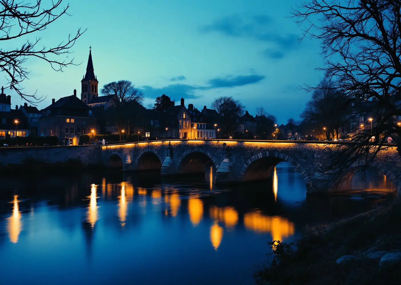 Pont de pierre sur la rivière au crépuscule, lampadaires se reflétant dans l'eau