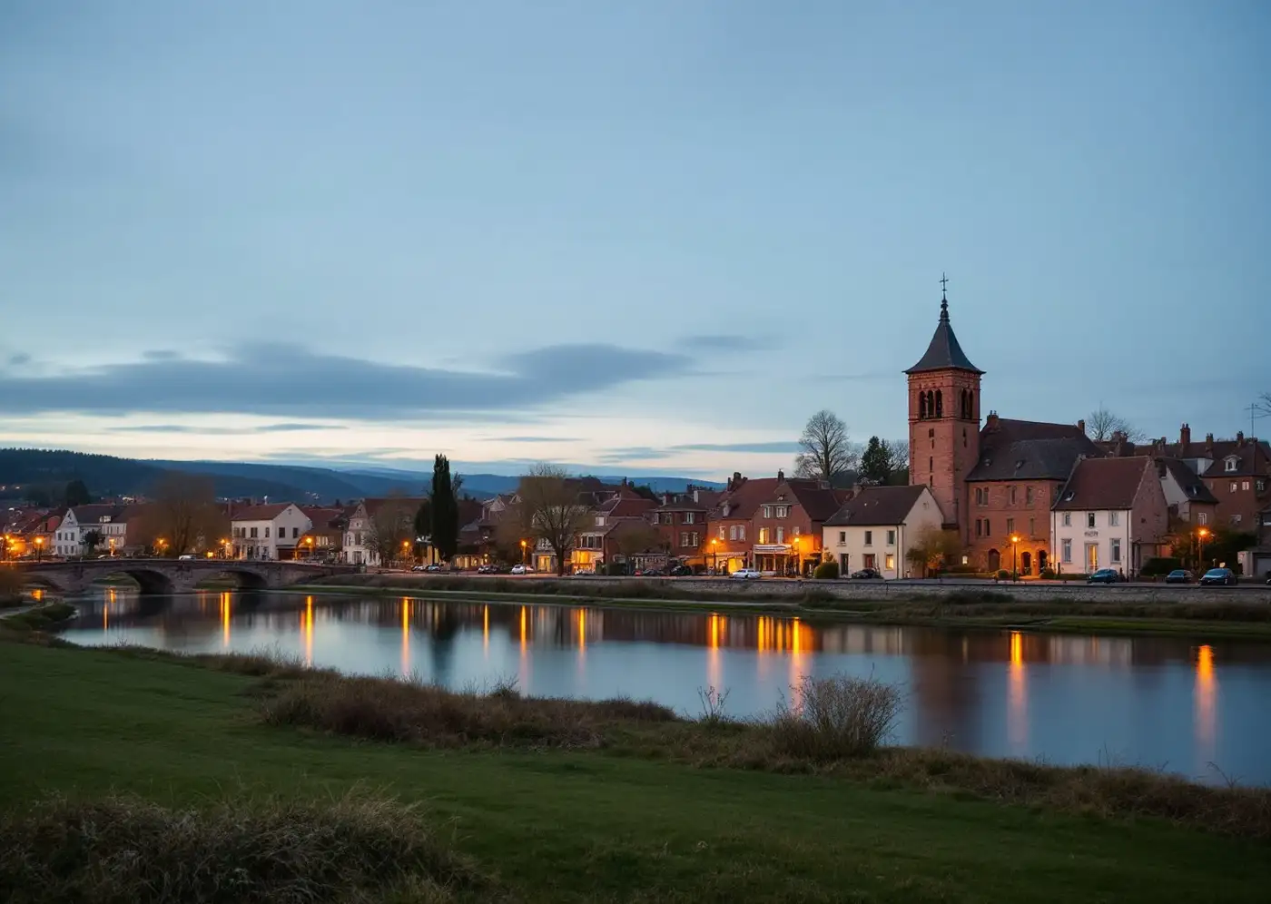 Petite ville de brique au bord d'une rivière au crépuscule, clocher et vieux pont de pierre