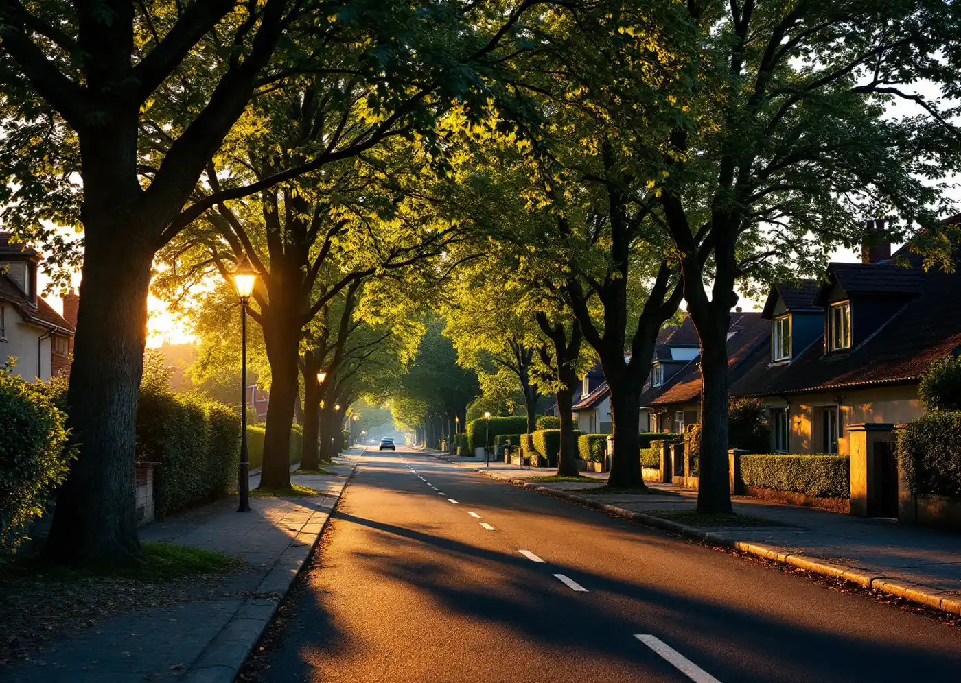 Avenue résidentielle bordée de grands arbres, lumière dorée de fin de journée